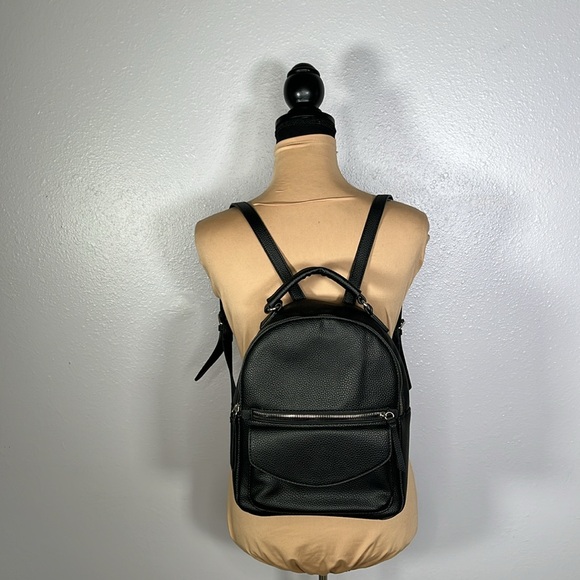 Black Faux Leather structured Mini Backpack Everyday Travel minimalistic casual - Picture 1 of 15